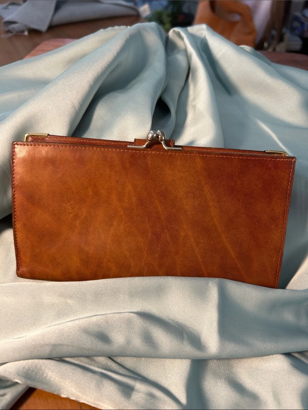 Italian Leather Wallet w/ kiss lock closure, in Cognac Brown